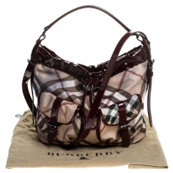 Pre Owned Burberry Beige/Maroon Nova Check Coated Canvas and Patent Leather Drawstring Hobo