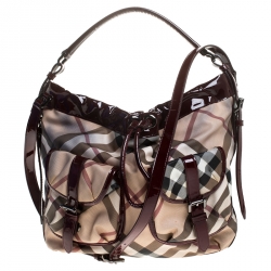 Pre Owned Burberry Beige/Maroon Nova Check Coated Canvas and Patent Leather Drawstring Hobo