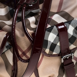 Pre Owned Burberry Beige/Maroon Nova Check Coated Canvas and Patent Leather Drawstring Hobo