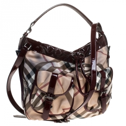 Pre Owned Burberry Beige/Maroon Nova Check Coated Canvas and Patent Leather Drawstring Hobo