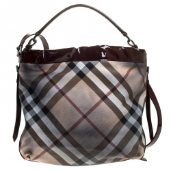 Pre Owned Burberry Beige/Maroon Nova Check Coated Canvas and Patent Leather Drawstring Hobo
