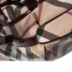 Pre Owned Burberry Beige/Maroon Nova Check Coated Canvas and Patent Leather Drawstring Hobo