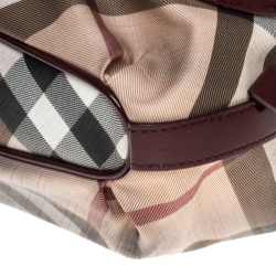 Pre Owned Burberry Beige/Maroon Nova Check Coated Canvas and Patent Leather Drawstring Hobo