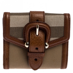 Pre Owned Burberry Brown/Beige Nova Check Canvas and Leather Buckle Compact Wallet