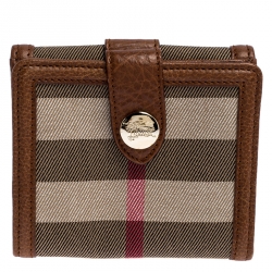 Pre Owned Burberry Brown/Beige Nova Check Canvas and Leather Buckle Compact Wallet