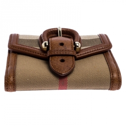 Pre Owned Burberry Brown/Beige Nova Check Canvas and Leather Buckle Compact Wallet