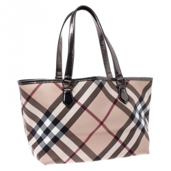 Pre Owned Burberry Beige/Metallic Nova Check PVC and Patent Leather Shopper Tote