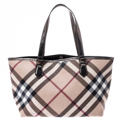 Pre Owned Burberry Beige/Metallic Nova Check PVC and Patent Leather Shopper Tote