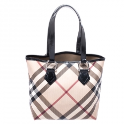 Pre Owned Burberry Beige/Black Nova Check Coated Canvas and Patent Leather Tote
