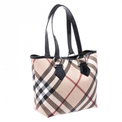 Pre Owned Burberry Beige/Black Nova Check Coated Canvas and Patent Leather Tote