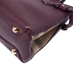Pre Owned Burberry Burgundy Leather and House Check Fabric Small Banner Tote