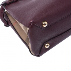 Pre Owned Burberry Burgundy Leather and House Check Fabric Small Banner Tote