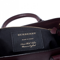 Pre Owned Burberry Burgundy Leather and House Check Fabric Small Banner Tote