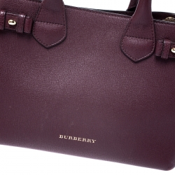 Pre Owned Burberry Burgundy Leather and House Check Fabric Small Banner Tote