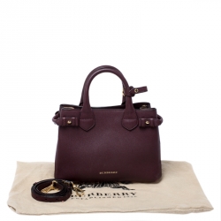Pre Owned Burberry Burgundy Leather and House Check Fabric Small Banner Tote