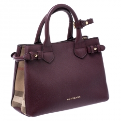 Pre Owned Burberry Burgundy Leather and House Check Fabric Small Banner Tote