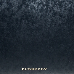 Burberry Navy Blue Leather and House Check Fabric Medium Banner Tote