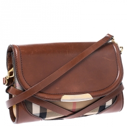 Pre Owned حقيبة كروس بربري أبوت جلد وقماش كاروهات نوفا بيج/ بنية