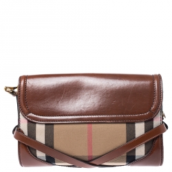 Pre Owned حقيبة كروس بربري أبوت جلد وقماش كاروهات نوفا بيج/ بنية