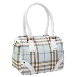 Pre Owned Burberry White/Blue Nova Check PVC Small Chester Boston Bag