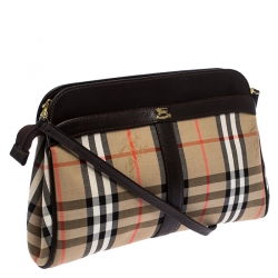 Pre Owned Burberry Beige/Brown Haymarket Check Canvas and Leather Crossbody Bag