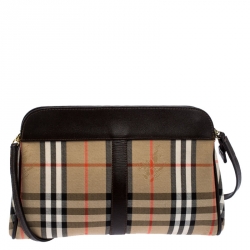 Pre Owned Burberry Beige/Brown Haymarket Check Canvas and Leather Crossbody Bag