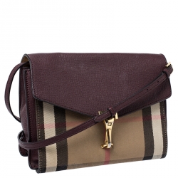 Pre Owned Burberry Burgundy House Check Canvas and Leather Macken Crossbody Bag