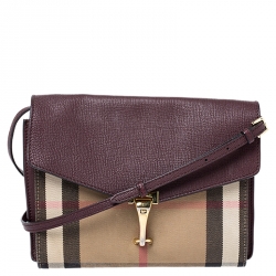 Pre Owned Burberry Burgundy House Check Canvas and Leather Macken Crossbody Bag