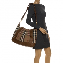 Pre Owned Burberry Brown/Beige House Check Canvas and Leather Tote