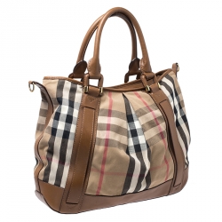 Pre Owned Burberry Brown/Beige House Check Canvas and Leather Tote