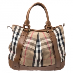 Pre Owned Burberry Brown/Beige House Check Canvas and Leather Tote