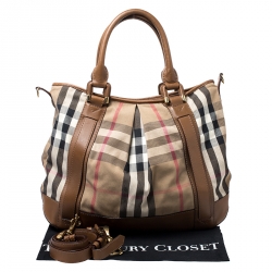 Pre Owned Burberry Brown/Beige House Check Canvas and Leather Tote