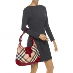 Pre Owned Burberry Red/Beige Nova Check PVC and Patent Leather Brooke Hobo