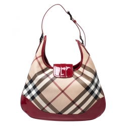 Pre Owned Burberry Red/Beige Nova Check PVC and Patent Leather Brooke Hobo