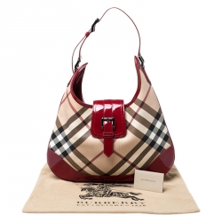 Pre Owned Burberry Red/Beige Nova Check PVC and Patent Leather Brooke Hobo