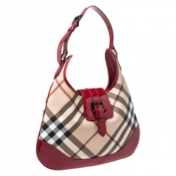 Pre Owned Burberry Red/Beige Nova Check PVC and Patent Leather Brooke Hobo