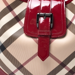 Pre Owned Burberry Red/Beige Nova Check PVC and Patent Leather Brooke Hobo