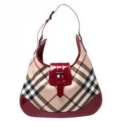 Pre Owned Burberry Red/Beige Nova Check PVC and Patent Leather Brooke Hobo