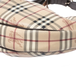Pre Owned Burberry Beige/Dark Brown Haymarket Check PVC and Leather Pleated Hobo
