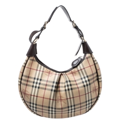 Pre Owned Burberry Beige/Dark Brown Haymarket Check PVC and Leather Pleated Hobo