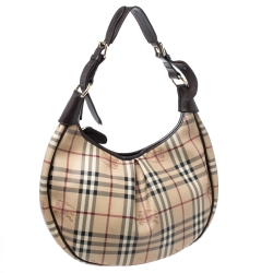 Pre Owned Burberry Beige/Dark Brown Haymarket Check PVC and Leather Pleated Hobo