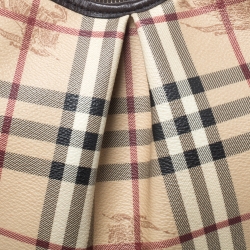 Pre Owned Burberry Beige/Dark Brown Haymarket Check PVC and Leather Pleated Hobo