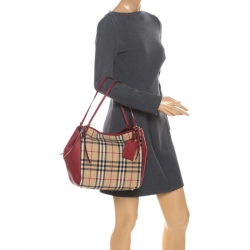 Pre Owned Burberry Red House Check Nylon and Leather Small Canterbury Tote