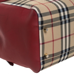 Pre Owned Burberry Red House Check Nylon and Leather Small Canterbury Tote