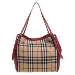Pre Owned Burberry Red House Check Nylon and Leather Small Canterbury Tote
