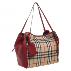 Pre Owned Burberry Red House Check Nylon and Leather Small Canterbury Tote