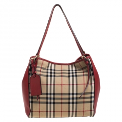 Pre Owned Burberry Red House Check Nylon and Leather Small Canterbury Tote
