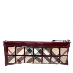 Pre Owned Burberry Burgundy/Beige Super Nova Check PVC and Patent Leather Wristlet Clutch
