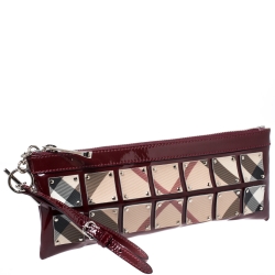 Pre Owned Burberry Burgundy/Beige Super Nova Check PVC and Patent Leather Wristlet Clutch