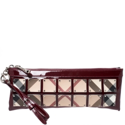 Pre Owned Burberry Burgundy/Beige Super Nova Check PVC and Patent Leather Wristlet Clutch